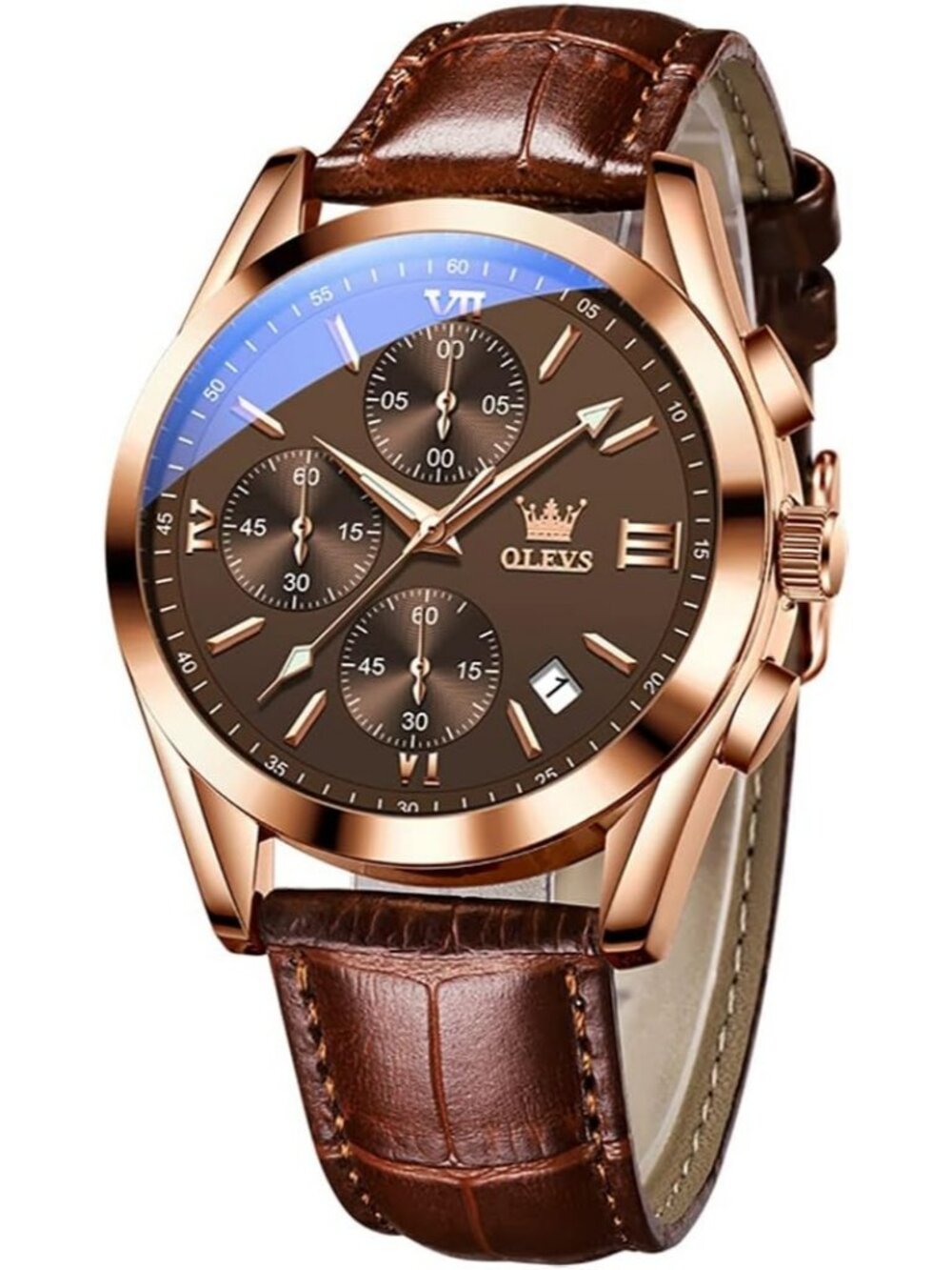Men's Brown Leather Chronograph Watch Big Face Waterproof Date Luminous Watch